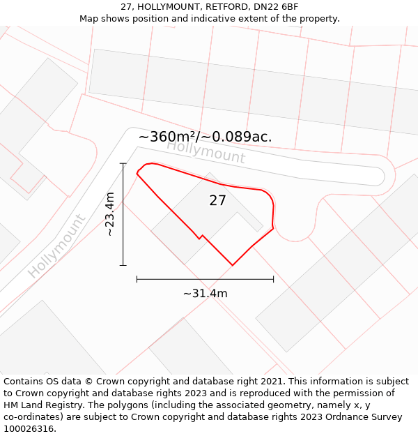 27, HOLLYMOUNT, RETFORD, DN22 6BF: Plot and title map