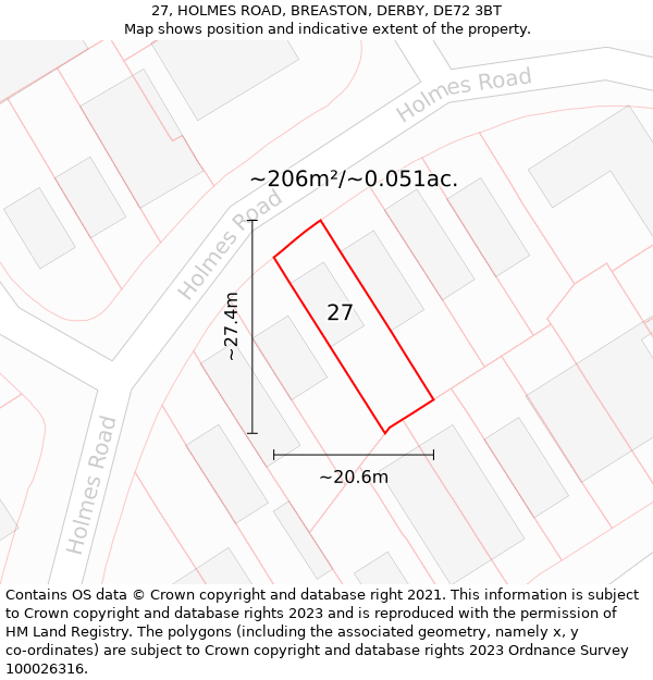 27, HOLMES ROAD, BREASTON, DERBY, DE72 3BT: Plot and title map