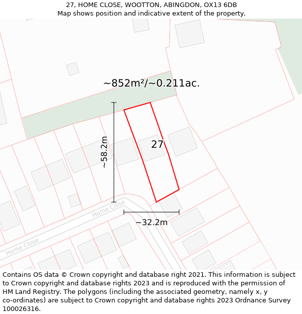 27, HOME CLOSE, WOOTTON, ABINGDON, OX13 6DB: Plot and title map