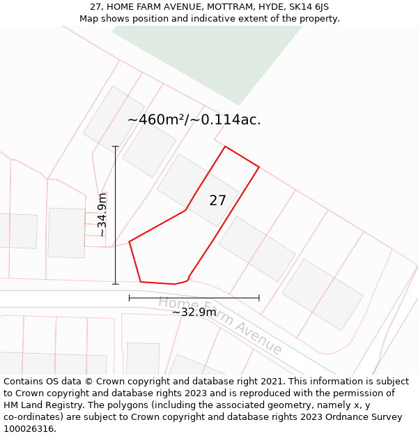 27, HOME FARM AVENUE, MOTTRAM, HYDE, SK14 6JS: Plot and title map