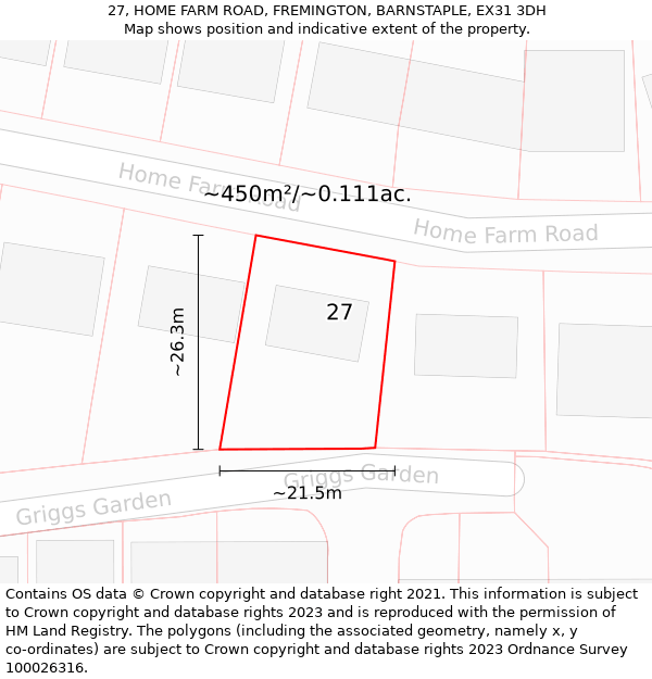 27, HOME FARM ROAD, FREMINGTON, BARNSTAPLE, EX31 3DH: Plot and title map