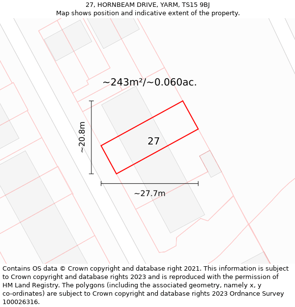 27, HORNBEAM DRIVE, YARM, TS15 9BJ: Plot and title map