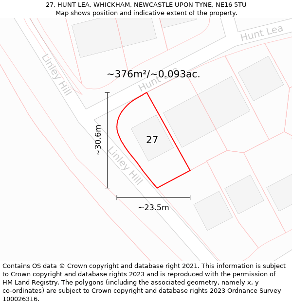 27, HUNT LEA, WHICKHAM, NEWCASTLE UPON TYNE, NE16 5TU: Plot and title map