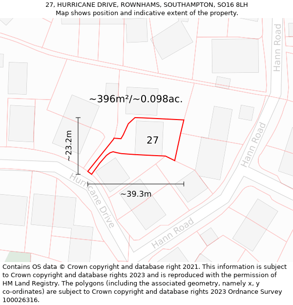 27, HURRICANE DRIVE, ROWNHAMS, SOUTHAMPTON, SO16 8LH: Plot and title map