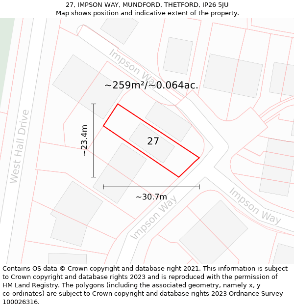 27, IMPSON WAY, MUNDFORD, THETFORD, IP26 5JU: Plot and title map