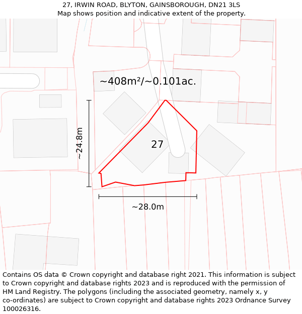 27, IRWIN ROAD, BLYTON, GAINSBOROUGH, DN21 3LS: Plot and title map