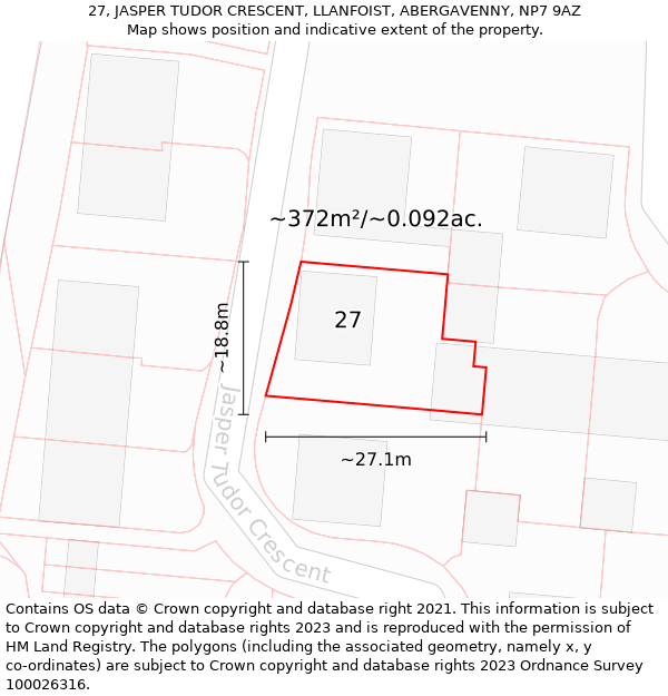 27, JASPER TUDOR CRESCENT, LLANFOIST, ABERGAVENNY, NP7 9AZ: Plot and title map
