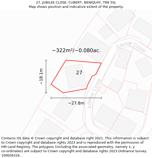 27, JUBILEE CLOSE, CUBERT, NEWQUAY, TR8 5SL: Plot and title map