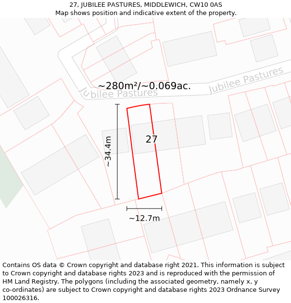 27, JUBILEE PASTURES, MIDDLEWICH, CW10 0AS: Plot and title map