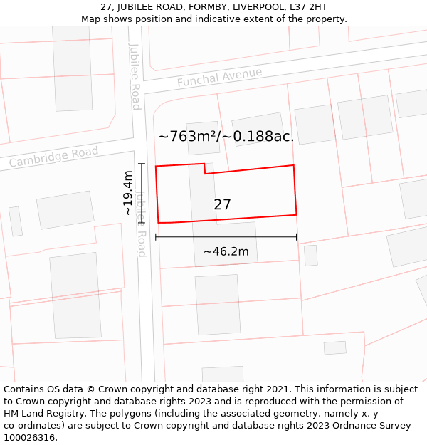 27, JUBILEE ROAD, FORMBY, LIVERPOOL, L37 2HT: Plot and title map