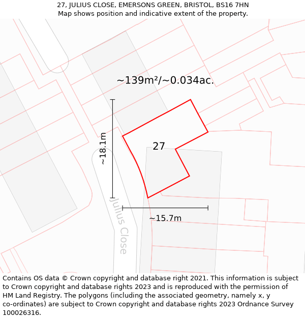 27, JULIUS CLOSE, EMERSONS GREEN, BRISTOL, BS16 7HN: Plot and title map