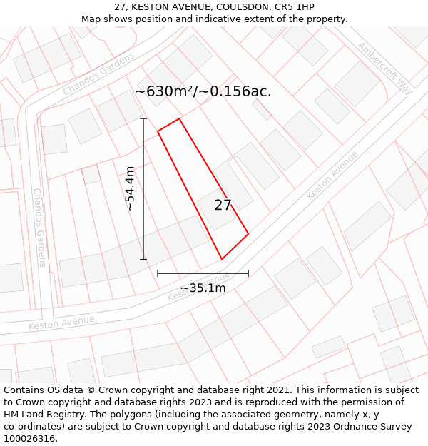 27, KESTON AVENUE, COULSDON, CR5 1HP: Plot and title map