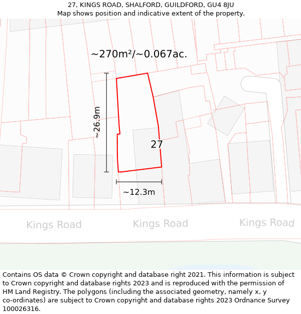 27, KINGS ROAD, SHALFORD, GUILDFORD, GU4 8JU: Plot and title map