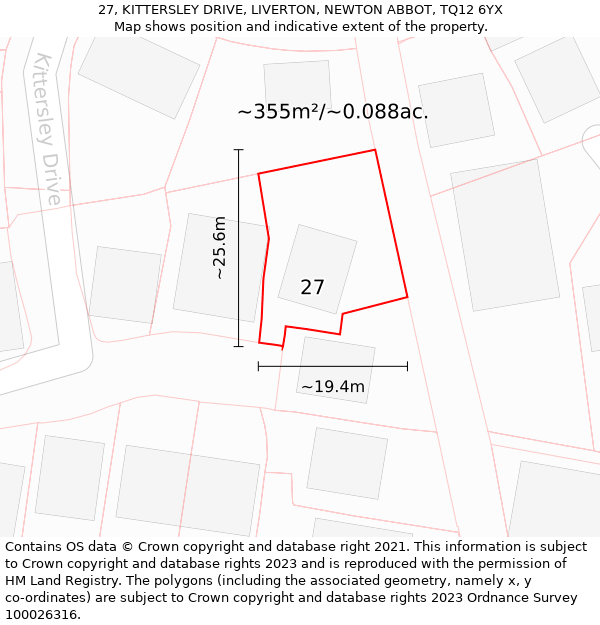 27, KITTERSLEY DRIVE, LIVERTON, NEWTON ABBOT, TQ12 6YX: Plot and title map