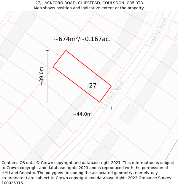 27, LACKFORD ROAD, CHIPSTEAD, COULSDON, CR5 3TB: Plot and title map