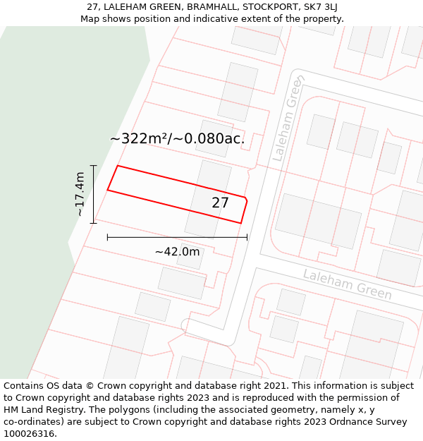 27, LALEHAM GREEN, BRAMHALL, STOCKPORT, SK7 3LJ: Plot and title map