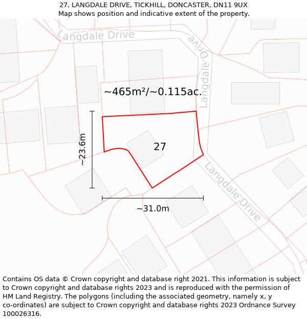 27, LANGDALE DRIVE, TICKHILL, DONCASTER, DN11 9UX: Plot and title map