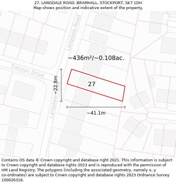 27, LANGDALE ROAD, BRAMHALL, STOCKPORT, SK7 1DH: Plot and title map