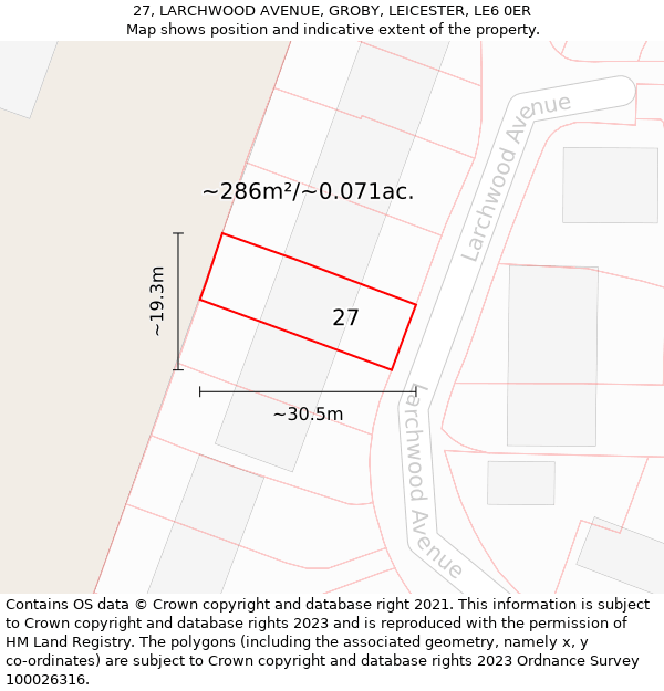 27, LARCHWOOD AVENUE, GROBY, LEICESTER, LE6 0ER: Plot and title map