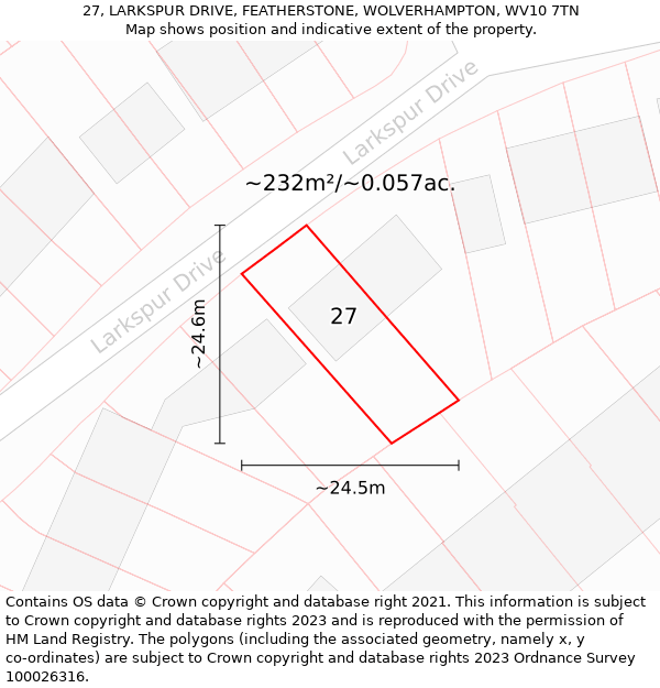 27, LARKSPUR DRIVE, FEATHERSTONE, WOLVERHAMPTON, WV10 7TN: Plot and title map