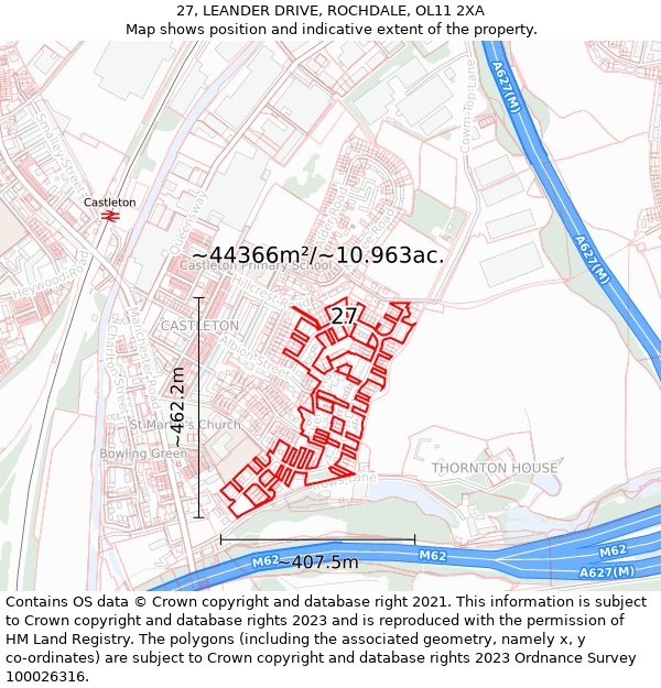 27, LEANDER DRIVE, ROCHDALE, OL11 2XA: Plot and title map