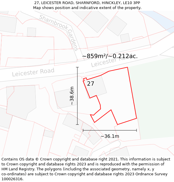 27, LEICESTER ROAD, SHARNFORD, HINCKLEY, LE10 3PP: Plot and title map