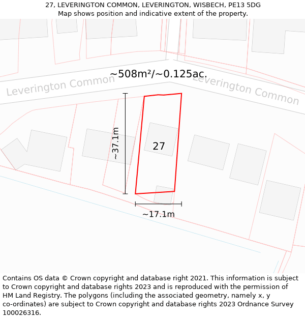 27, LEVERINGTON COMMON, LEVERINGTON, WISBECH, PE13 5DG: Plot and title map