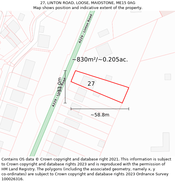 27, LINTON ROAD, LOOSE, MAIDSTONE, ME15 0AG: Plot and title map