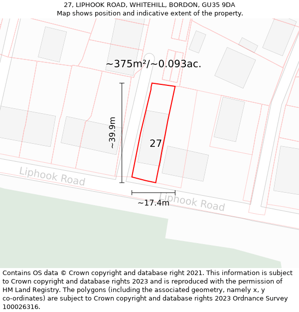 27, LIPHOOK ROAD, WHITEHILL, BORDON, GU35 9DA: Plot and title map