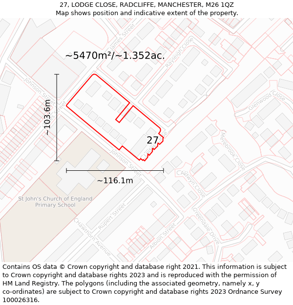 27, LODGE CLOSE, RADCLIFFE, MANCHESTER, M26 1QZ: Plot and title map