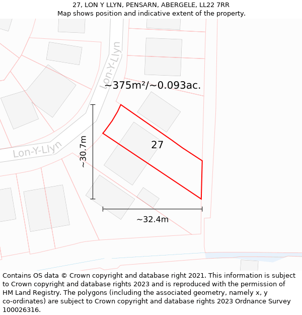 27, LON Y LLYN, PENSARN, ABERGELE, LL22 7RR: Plot and title map