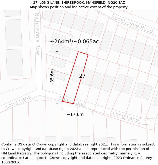 27, LONG LANE, SHIREBROOK, MANSFIELD, NG20 8AZ: Plot and title map