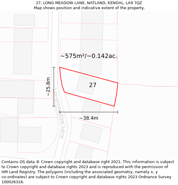 27, LONG MEADOW LANE, NATLAND, KENDAL, LA9 7QZ: Plot and title map