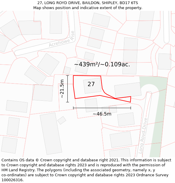 27, LONG ROYD DRIVE, BAILDON, SHIPLEY, BD17 6TS: Plot and title map