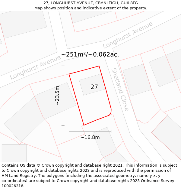 27, LONGHURST AVENUE, CRANLEIGH, GU6 8FG: Plot and title map