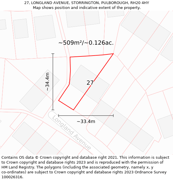 27, LONGLAND AVENUE, STORRINGTON, PULBOROUGH, RH20 4HY: Plot and title map