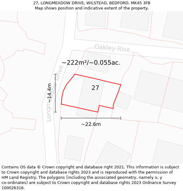 27, LONGMEADOW DRIVE, WILSTEAD, BEDFORD, MK45 3FB: Plot and title map