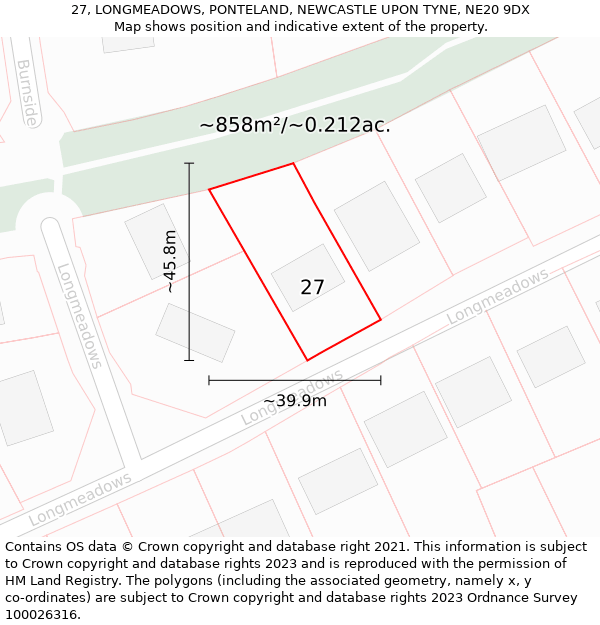 27, LONGMEADOWS, PONTELAND, NEWCASTLE UPON TYNE, NE20 9DX: Plot and title map