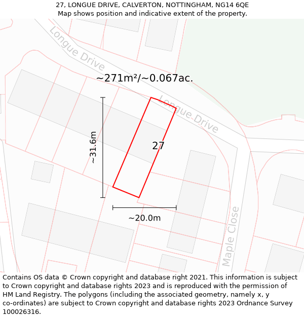 27, LONGUE DRIVE, CALVERTON, NOTTINGHAM, NG14 6QE: Plot and title map