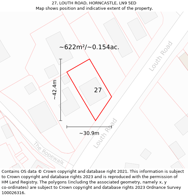 27, LOUTH ROAD, HORNCASTLE, LN9 5ED: Plot and title map