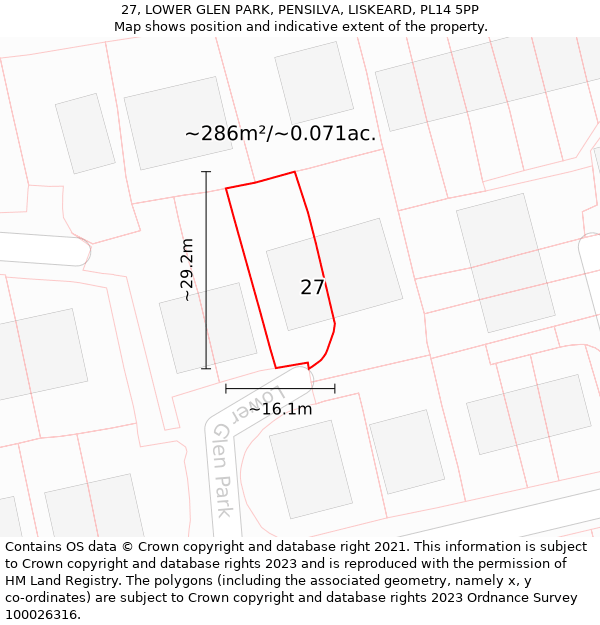 27, LOWER GLEN PARK, PENSILVA, LISKEARD, PL14 5PP: Plot and title map