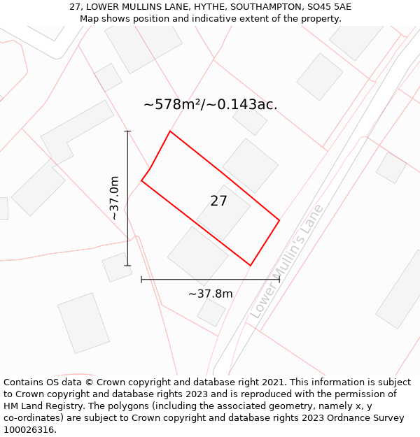 27, LOWER MULLINS LANE, HYTHE, SOUTHAMPTON, SO45 5AE: Plot and title map