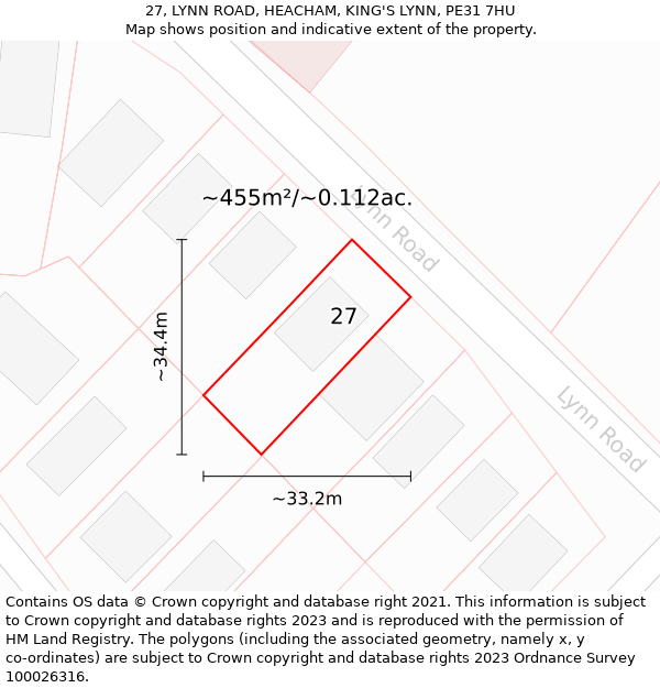 27, LYNN ROAD, HEACHAM, KING'S LYNN, PE31 7HU: Plot and title map