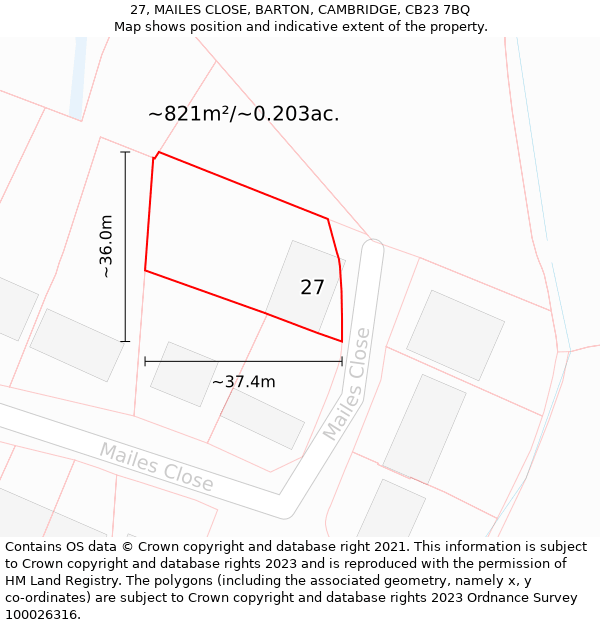 27, MAILES CLOSE, BARTON, CAMBRIDGE, CB23 7BQ: Plot and title map