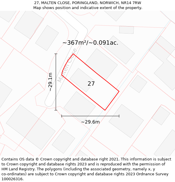 27, MALTEN CLOSE, PORINGLAND, NORWICH, NR14 7RW: Plot and title map