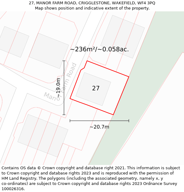 27, MANOR FARM ROAD, CRIGGLESTONE, WAKEFIELD, WF4 3PQ: Plot and title map