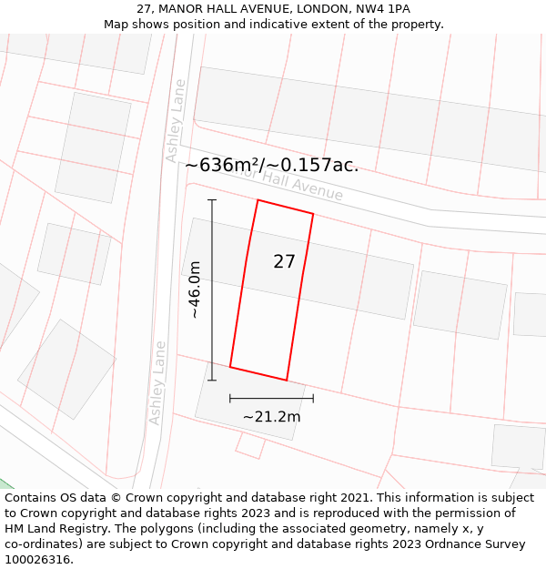 27, MANOR HALL AVENUE, LONDON, NW4 1PA: Plot and title map