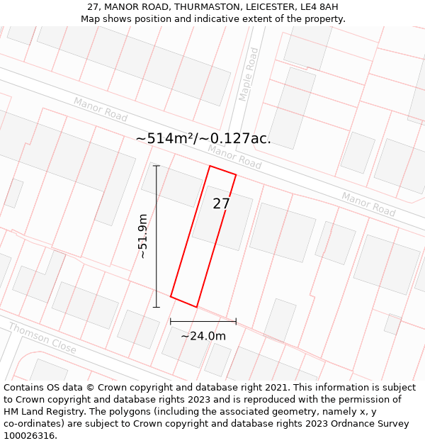 27, MANOR ROAD, THURMASTON, LEICESTER, LE4 8AH: Plot and title map