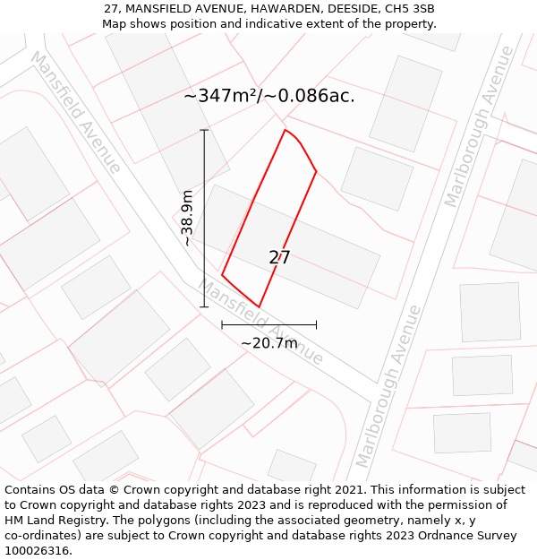 27, MANSFIELD AVENUE, HAWARDEN, DEESIDE, CH5 3SB: Plot and title map