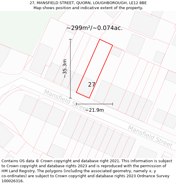 27, MANSFIELD STREET, QUORN, LOUGHBOROUGH, LE12 8BE: Plot and title map